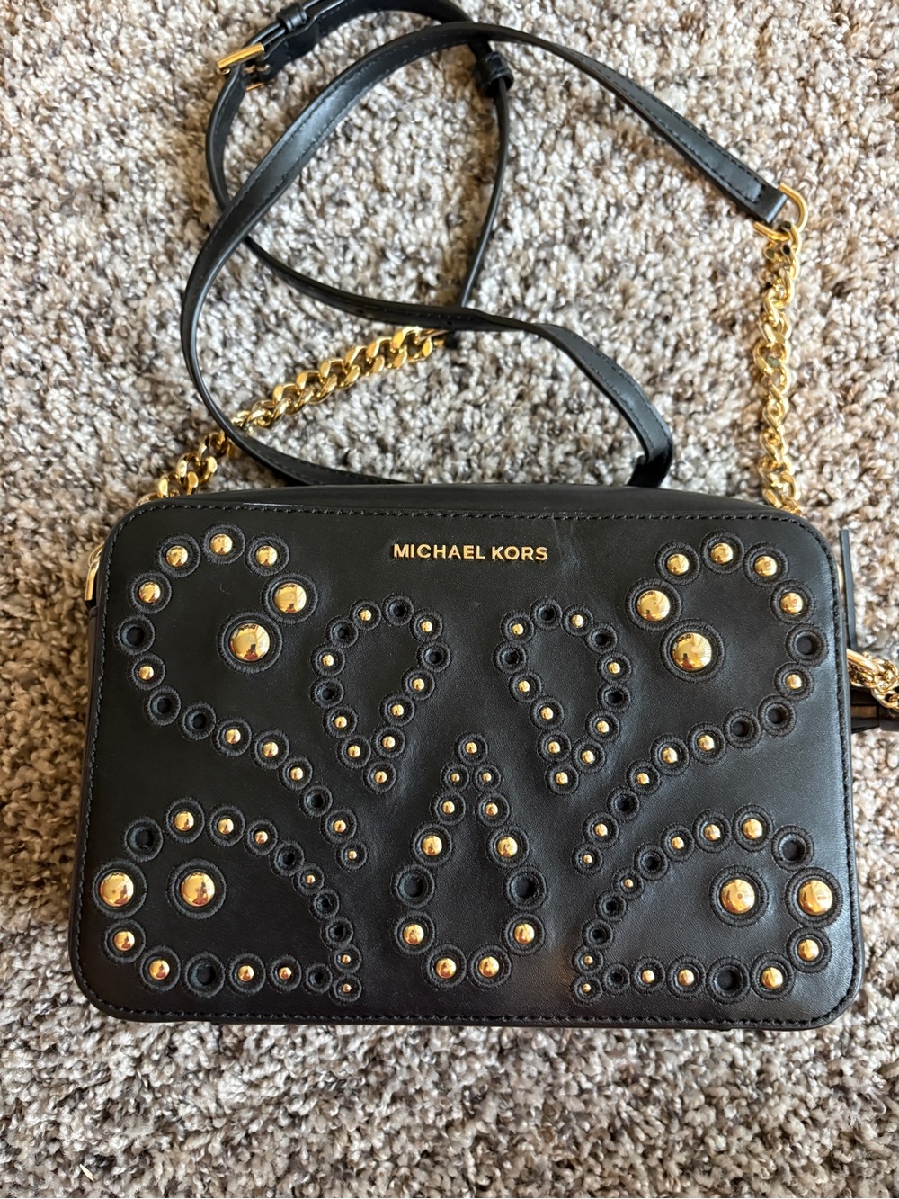 MICHAEL KORS Black Leather Crossbody with Gold Stud Accents